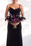 Velvet Spaghetti Straps Dusty Sage Bridesmaid Dress with Scarf