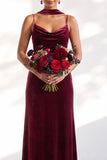 Velvet Spaghetti Straps Dusty Sage Bridesmaid Dress with Scarf