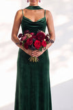 Velvet Spaghetti Straps Dusty Sage Bridesmaid Dress with Scarf