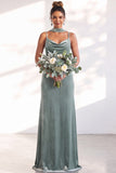 Velvet Spaghetti Straps Dusty Sage Bridesmaid Dress with Scarf