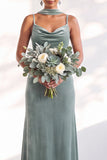 Velvet Spaghetti Straps Dusty Sage Bridesmaid Dress with Scarf