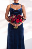 Velvet Spaghetti Straps Dusty Sage Bridesmaid Dress with Scarf