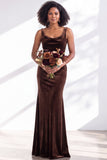 Golden Brown Scoop Neck Mermaid Velvet Bridesmaid Dress