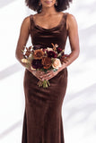 Golden Brown Scoop Neck Mermaid Velvet Bridesmaid Dress