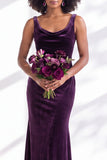 Golden Brown Scoop Neck Mermaid Velvet Bridesmaid Dress