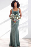 Golden Brown Scoop Neck Mermaid Velvet Bridesmaid Dress