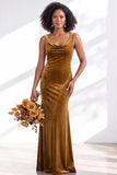 Golden Brown Scoop Neck Mermaid Velvet Bridesmaid Dress