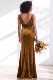 Golden Brown Scoop Neck Mermaid Velvet Bridesmaid Dress