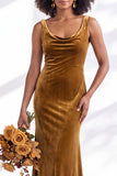 Golden Brown Scoop Neck Mermaid Velvet Bridesmaid Dress