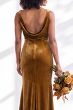 Golden Brown Scoop Neck Mermaid Velvet Bridesmaid Dress