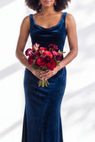 Golden Brown Scoop Neck Mermaid Velvet Bridesmaid Dress