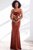 Golden Brown Scoop Neck Mermaid Velvet Bridesmaid Dress