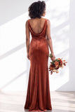 Golden Brown Scoop Neck Mermaid Velvet Bridesmaid Dress