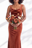 Golden Brown Scoop Neck Mermaid Velvet Bridesmaid Dress
