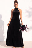 Halter Velvet A Line Navy Bridesmaid Dress