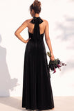 Halter Velvet A Line Navy Bridesmaid Dress