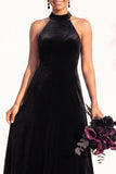 Halter Velvet A Line Navy Bridesmaid Dress
