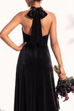 Halter Velvet A Line Navy Bridesmaid Dress