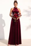 Halter Velvet A Line Navy Bridesmaid Dress