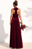 Halter Velvet A Line Navy Bridesmaid Dress