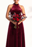 Halter Velvet A Line Navy Bridesmaid Dress