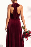 Halter Velvet A Line Navy Bridesmaid Dress