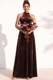 Halter Velvet A Line Navy Bridesmaid Dress