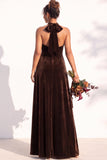 Halter Velvet A Line Navy Bridesmaid Dress