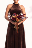 Halter Velvet A Line Navy Bridesmaid Dress