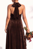 Halter Velvet A Line Navy Bridesmaid Dress