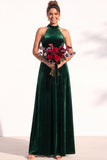 Halter Velvet A Line Navy Bridesmaid Dress