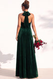Halter Velvet A Line Navy Bridesmaid Dress