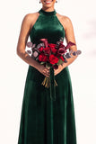 Halter Velvet A Line Navy Bridesmaid Dress