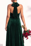 Halter Velvet A Line Navy Bridesmaid Dress