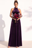 Halter Velvet A Line Navy Bridesmaid Dress