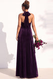 Halter Velvet A Line Navy Bridesmaid Dress