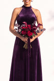 Halter Velvet A Line Navy Bridesmaid Dress