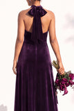 Halter Velvet A Line Navy Bridesmaid Dress