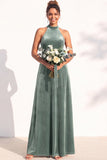 Halter Velvet A Line Navy Bridesmaid Dress