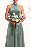 Halter Velvet A Line Navy Bridesmaid Dress