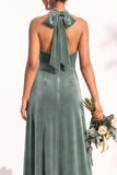 Halter Velvet A Line Navy Bridesmaid Dress
