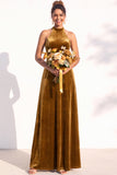 Halter Velvet A Line Navy Bridesmaid Dress