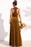 Halter Velvet A Line Navy Bridesmaid Dress