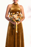 Halter Velvet A Line Navy Bridesmaid Dress