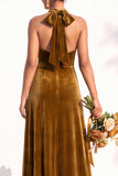 Halter Velvet A Line Navy Bridesmaid Dress