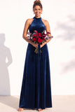 Halter Velvet A Line Navy Bridesmaid Dress