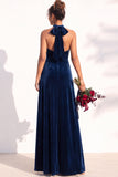Halter Velvet A Line Navy Bridesmaid Dress