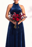 Halter Velvet A Line Navy Bridesmaid Dress