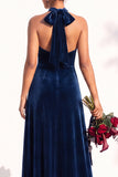 Halter Velvet A Line Navy Bridesmaid Dress