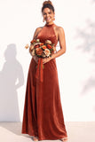 Halter Velvet A Line Navy Bridesmaid Dress